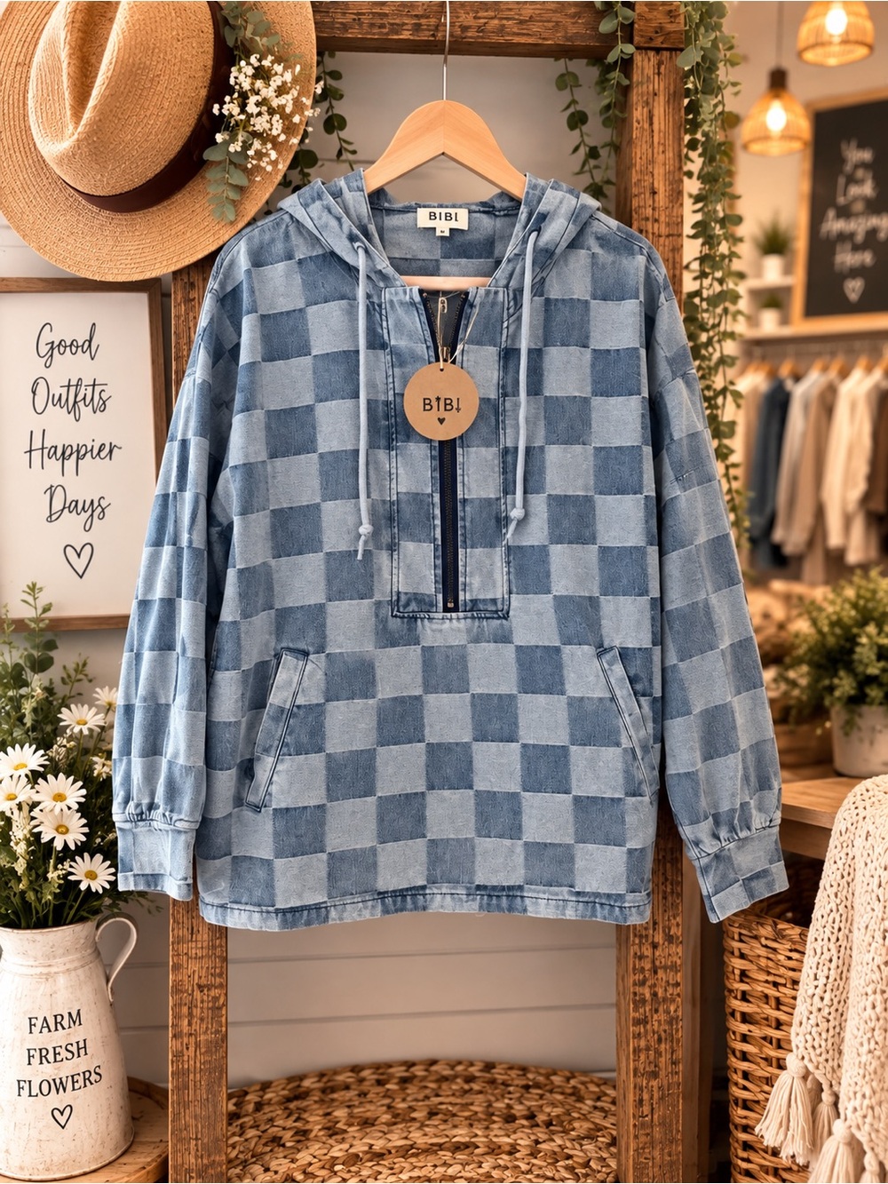 BiBi Blue Checkered Hooded Jean Jacket